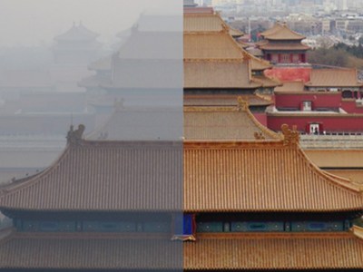 北京地标重污染黄色预警解除前后对比图