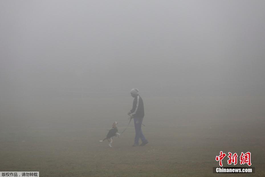印度首都新德里遭遇强雾霾 路上行人“隐身”