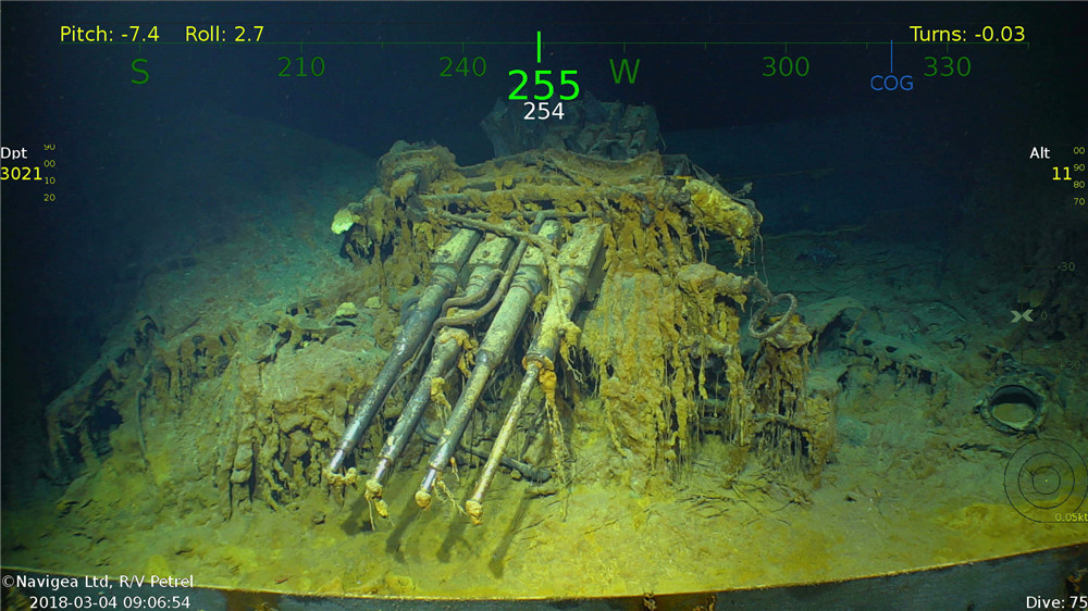 这张由微软创始人之一保罗·艾伦提供的照片显示的是3月4日在澳大利亚附近海底拍摄的二战美国海军“列克星敦”号航母的残骸。