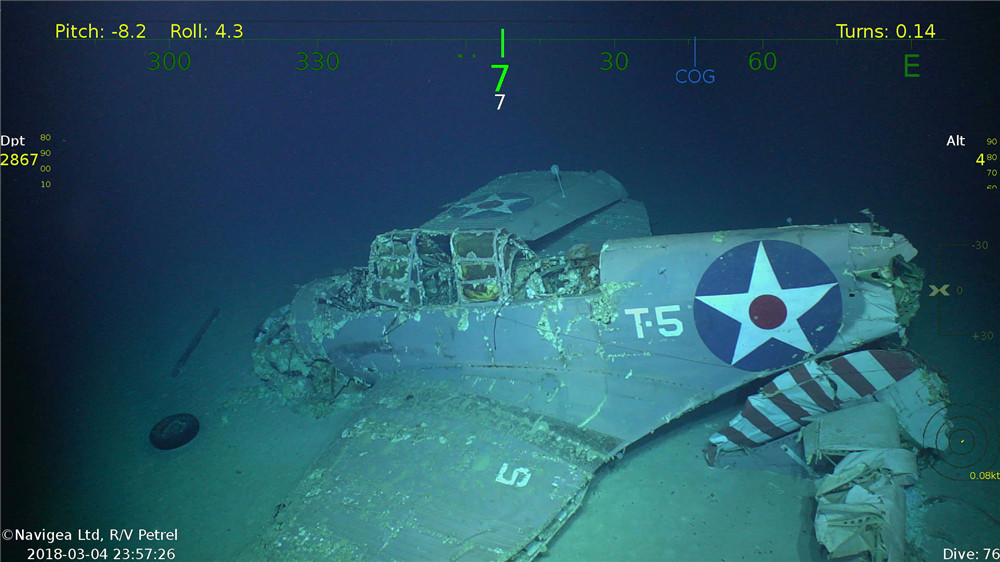 这张由微软创始人之一保罗·艾伦提供的照片显示的是3月4日在澳大利亚附近海底拍摄的二战美国海军“列克星敦”号航母舰载飞机的残骸。