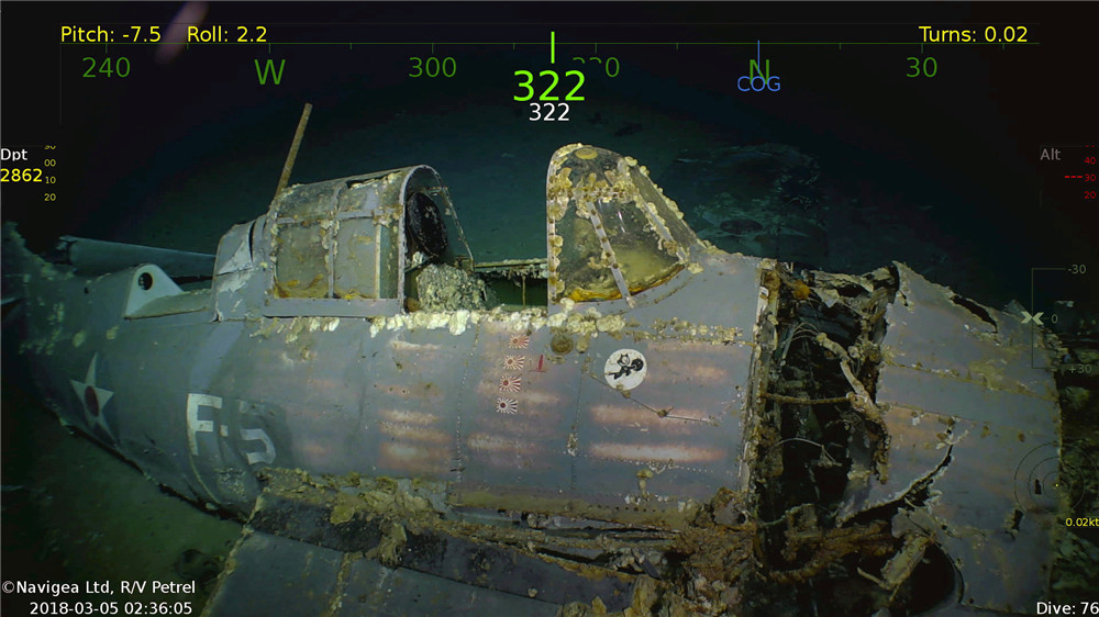 这张由微软创始人之一保罗·艾伦提供的照片显示的是3月5日在澳大利亚附近海底拍摄的二战美国海军“列克星敦”号航母舰载飞机的残骸。