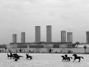 鄂尔多斯市区的停建楼盘成了跑马场。