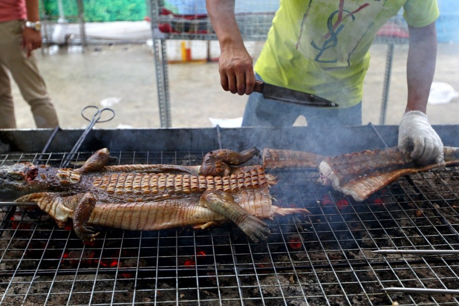 广西南宁美食节现"生烤鳄鱼" 整条烤熟切开吃
