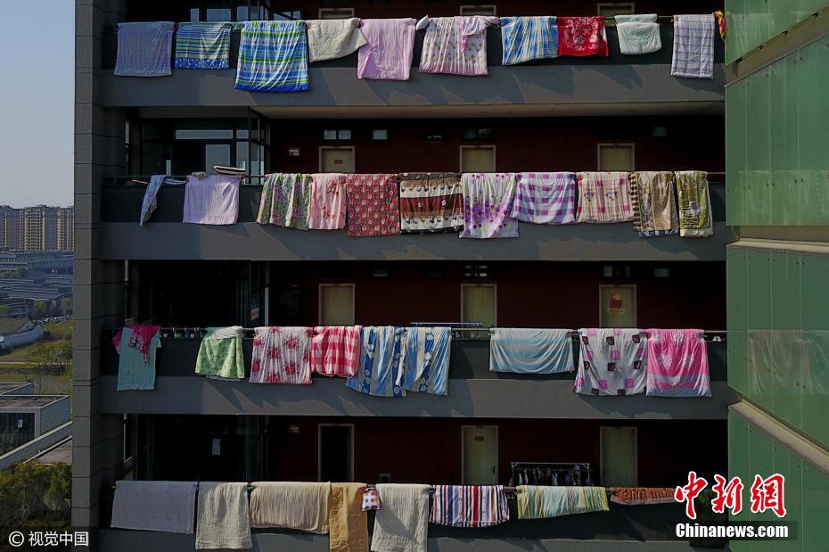 天晴开启“晾晒模式” 杭州一高校宿舍楼挂满被子