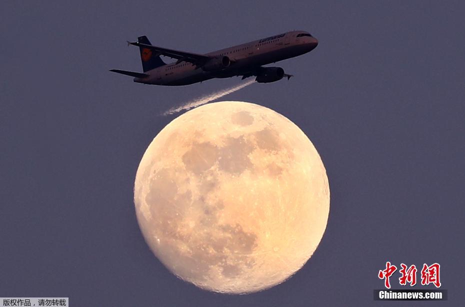 世界各地现满月美景 皓月当空飞机略过美如画