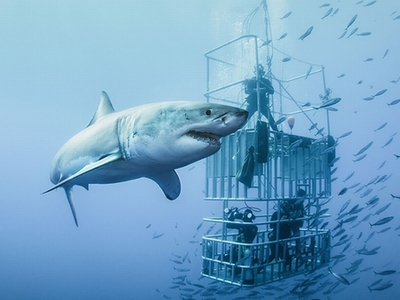 潜水员藏身铁笼邂逅大白鲨 场面震撼